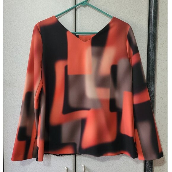 Women's Lace Hem Top, Peruzzi Abstract Print Long Sleeve, Orange, size 10 - Picture 4 of 6